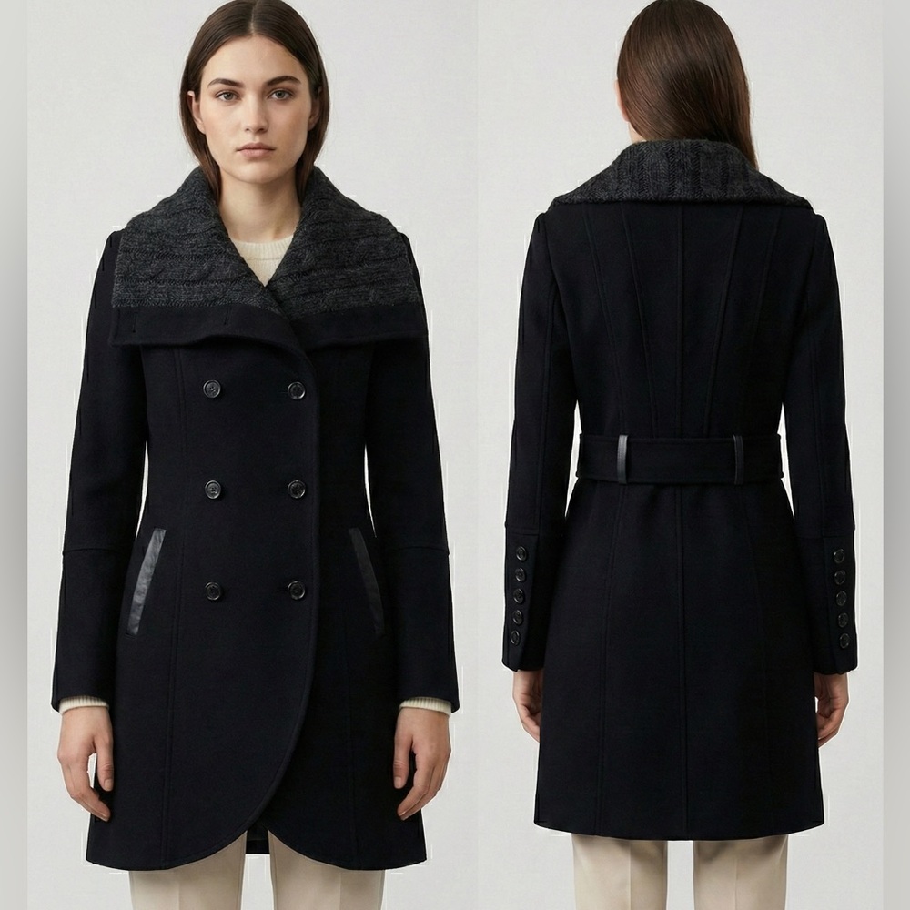 Mackage - Black Wool Coat w/ Grey Cable Knit Collar, Leather Trim & Tulip Hem XS
